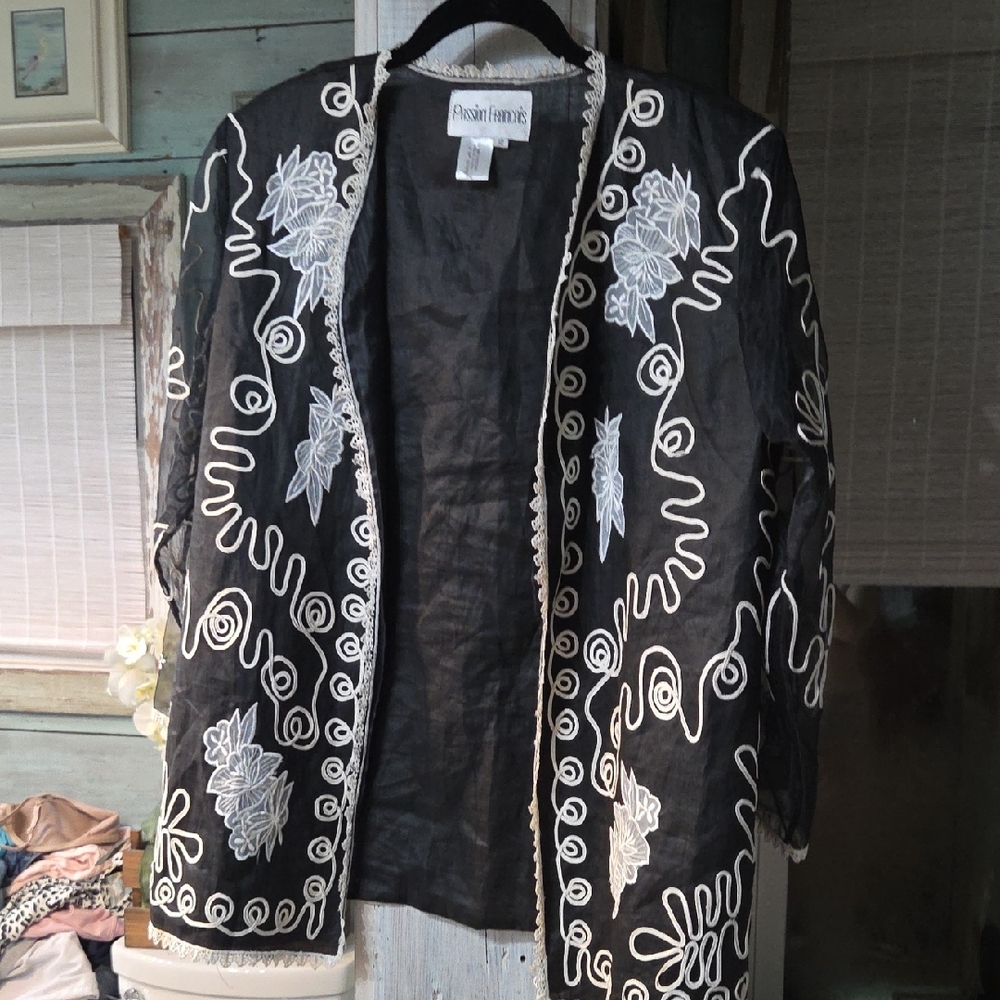 Black and White Embroidered Linen Jacket